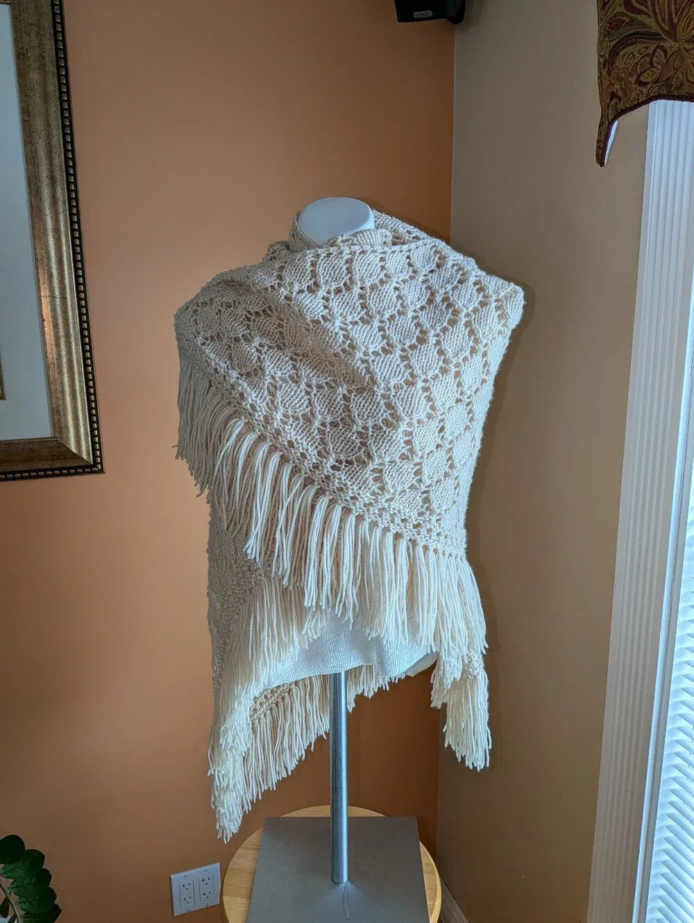 Cream Knitting Fringe Shawl Boho Wrap - Brand Length 71” inches